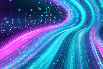 Obraz premium Abstract digital art of glowing neon light trails in vivid pink and blue hues with sparkling particles.