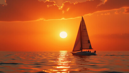 Fototapeta premium Fiery Sunset Sailboat Voyage