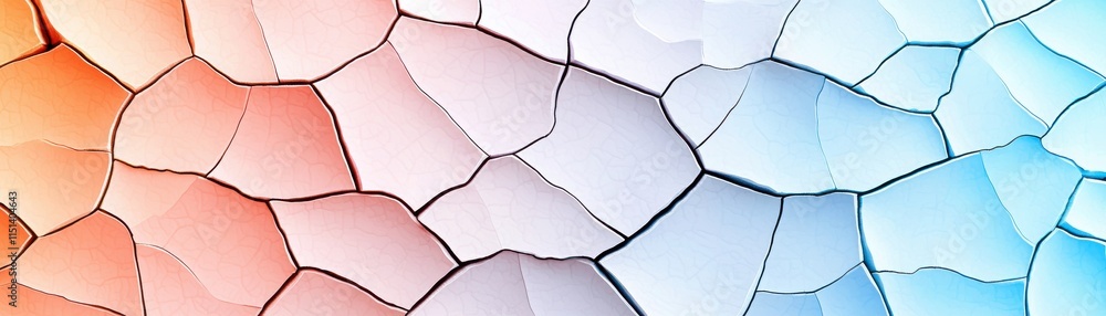 Poster a vibrant, abstract mosaic pattern featuring a gradient from orange to blue, characterized by irregu