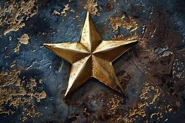Golden five pointed star rests on a grunge, textured metallic surface, creating a striking contrast