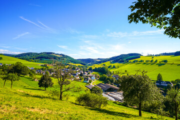View of the green landscape near Oberhenneborn in the Sauerland. Hiking trails in nature.
