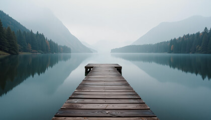 Obraz premium Misty Mountain Lake Pier: Tranquil Nature Escape