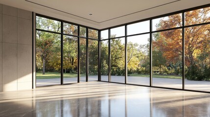 Modern Minimalist Room with Expansive Autumnal Views