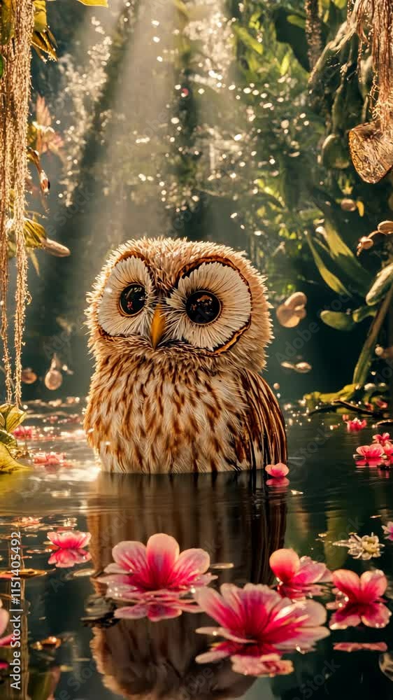 Poster cute owl surrounded by flowers in a tranquil forest setting with sunlight filtering through trees