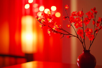Minimalist home decoration red cherry blossom flower in vase.