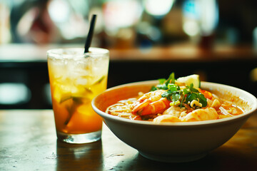Tom Yam, spicy Thai food and a glass of cold drink on table