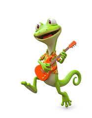 Obraz premium Cool 3D cartoon gecko wearing colorful Hawaiian style t-shirt and playing guitar and dancing.