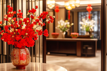 Flowers in a vase, Chinese new year decoration of a living room. Generated AI