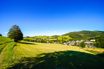 Obraz premium View of the green landscape near Oberhenneborn in the Sauerland. Hiking trails in nature. 