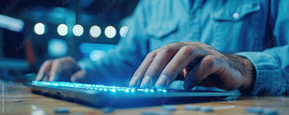 Poster a close-up of hands typing on a backlit keyboard, surrounded by a dimly lit environment, emphasizing