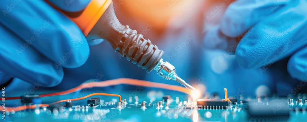 Poster a technician solders components on a circuit board, showcasing precision and skill in electronics re