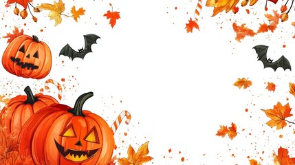 Carved Pumpkins and Bats Flying Amidst Autumn Leaves on White Background..