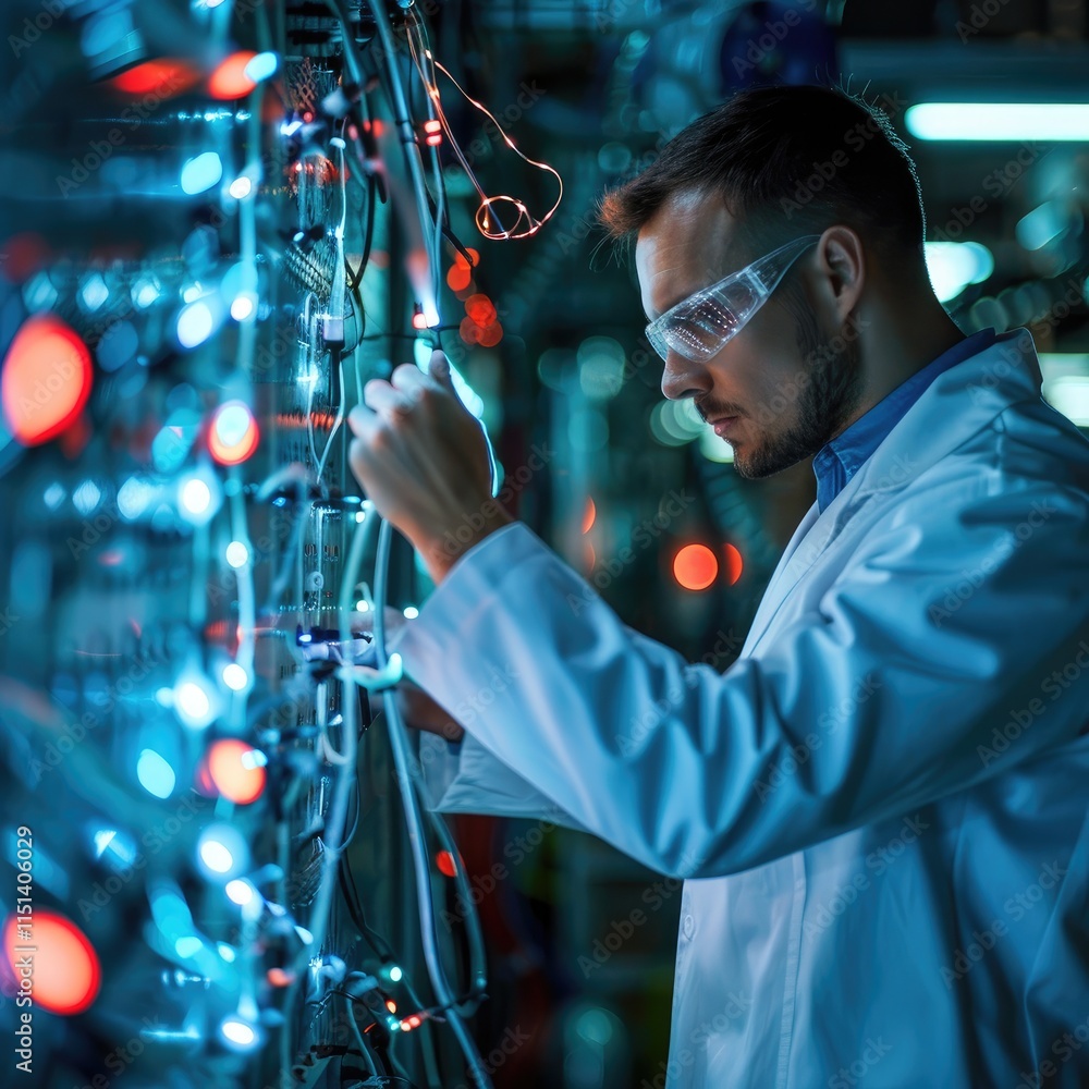 Poster a focused technician in a lab coat works on intricate circuitry, surrounded by glowing lights and wi