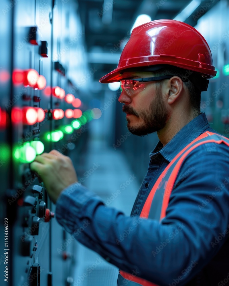 Poster a worker in a red hard hat operates a control panel with illuminated buttons in an industrial settin