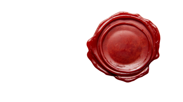 Red wax seal impression close up, isolated on transparent background