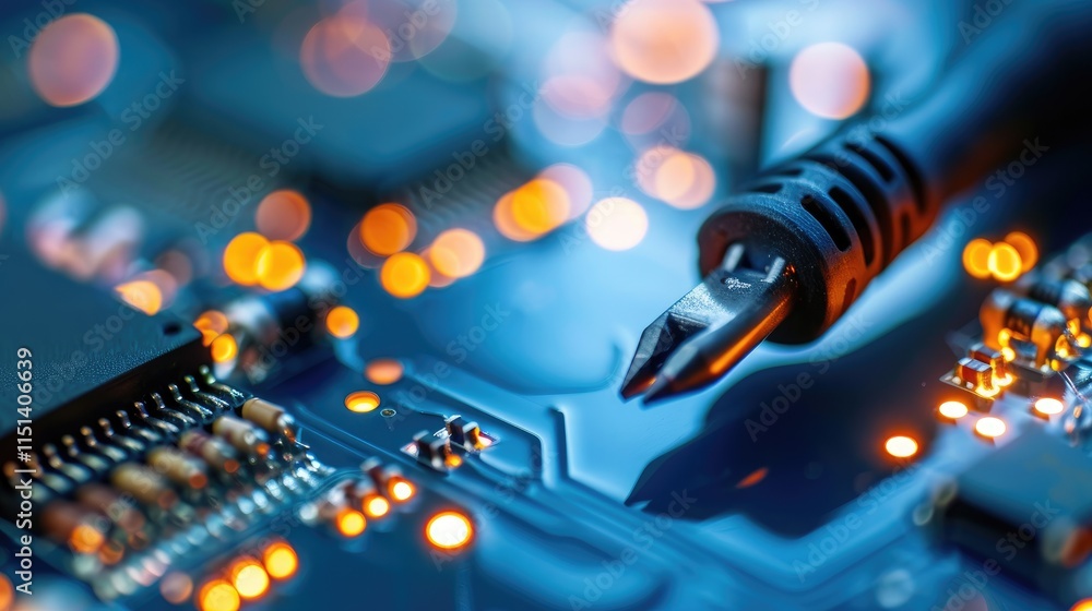 Poster a close-up view of a circuit board featuring glowing components and a connector, highlighting the in
