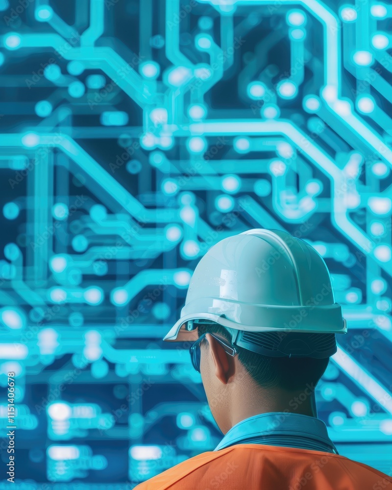 Aufkleber a worker in a hard hat observes a digital circuit board display, representing technology and innovat