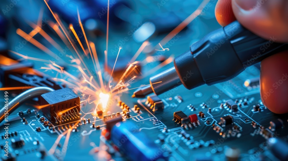 Poster a close-up of a hand soldering a circuit board, creating sparks, highlighting the intricate details 