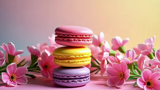 a vibrant and colorful still life video featuring a stack of three macarons