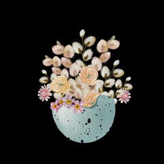 Easter decor with flowers in tender colors. Watercolor vintage style.