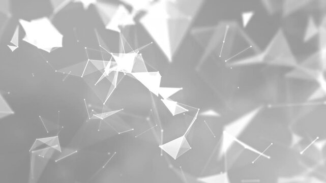Surface made of triangles, futuristic network, abstract background with motion plexus of dots and lines, technology,  social networks, communication, business, white background. 