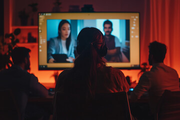 Business team collaborating online during a virtual meeting session in a modern workspace with warm lighting and a large screen display