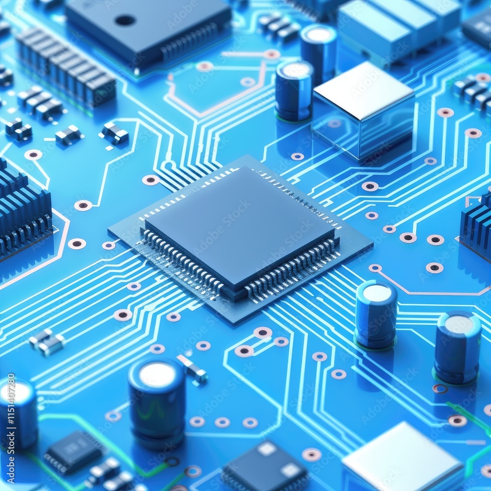 Poster a close-up view of a blue circuit board featuring various electronic components and a central chip.