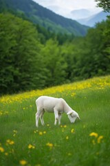 Fototapeta premium A white sheep is grazing in a lush green field. The sheep is surrounded by a variety of flowers, including yellow flowers. The scene is peaceful and serene, with the sheep enjoying the fresh grass
