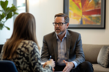 Manager provides constructive feedback to junior employee in a modern office setting during a professional meeting