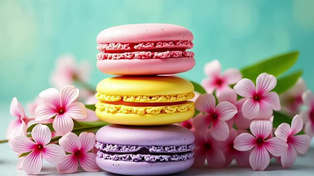 a vibrant and colorful still life video featuring a stack of three macarons