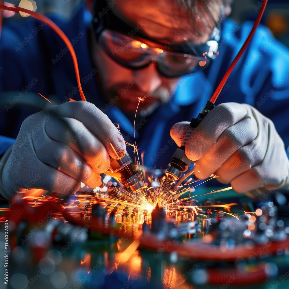 Poster a focused technician works on intricate circuitry, generating sparks during the repair process, high