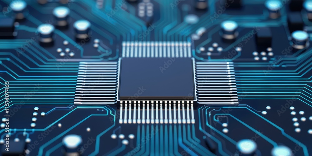 Poster a close-up view of a microchip on a circuit board, showcasing intricate details and connections typi