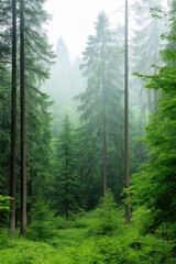 Fototapeta premium A forest with trees and a misty sky. The trees are tall and green, and the sky is cloudy