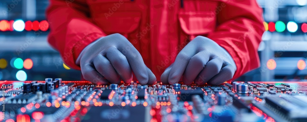 Poster a technician in a red jacket interacts with a circuit board, illuminated by colorful lights, showcas