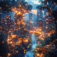 Fototapeta premium A magical urban scene where skyscrapers are intertwined with giant glowing trees