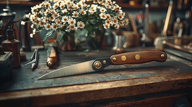 A handcrafted knife with a wooden handle and a sharp blade rests on a weathered workbench. Tools and a bouquet of white flowers adorn the background.
