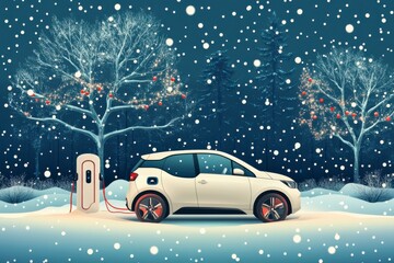 Celebrate the EV Winter Holidays with a Festive Electric Vehicle Charger in the Snow