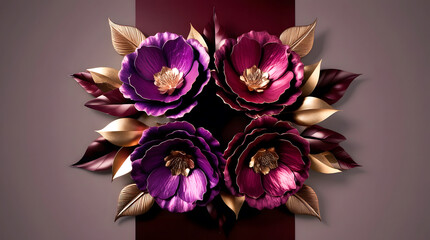 Stylized floral artwork featuring four large purple and magenta flowers with metallic sheen and golden centers. Surrounded by gold and burgundy leaves on a dark maroon-gray gradient background. 