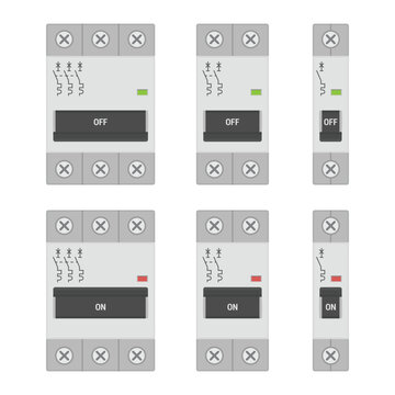 Miniature circuit breakers. Set of single, double and three pole MCB devices. Flat style vector illustration isolated on white