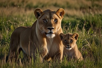 Naklejka premium Lion and Lioness with Cubs in the Wild