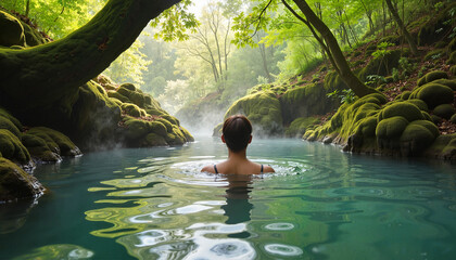 Fototapeta premium Woman relaxing in natural hot spring surrounded by lush forest
