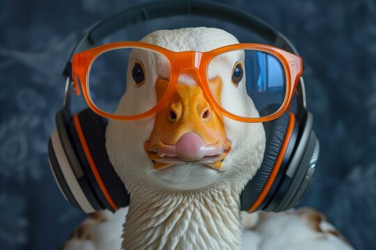 Close up of a fashionable goose enjoying music with headphones and orange glasses