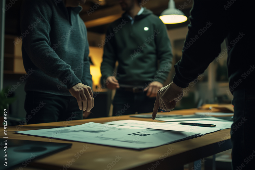 Poster office workers collaborate on project plans at a modern workspace during afternoon hours