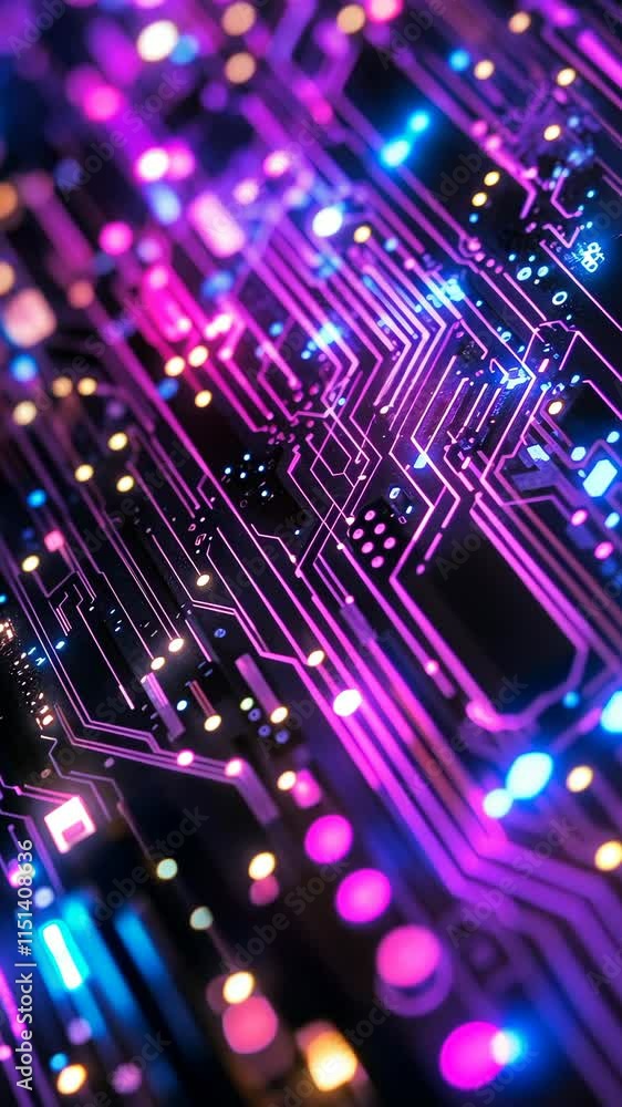Poster colorful circuit board design showcasing intricate lines and vibrant lights in a modern digital sett