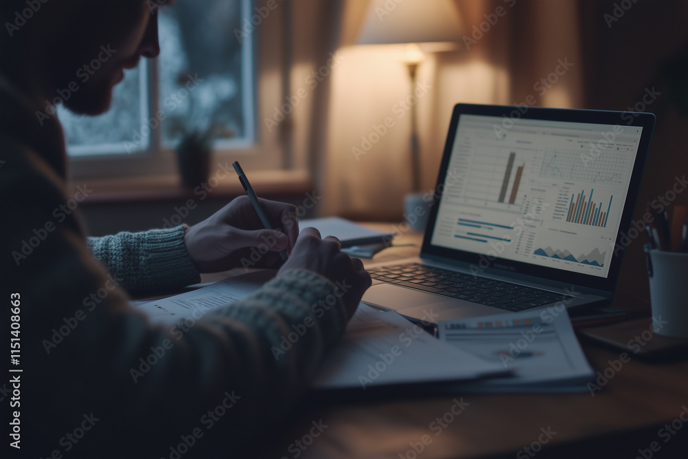 Poster colleagues review report together while analyzing data on a laptop during evening hours in a cozy wo