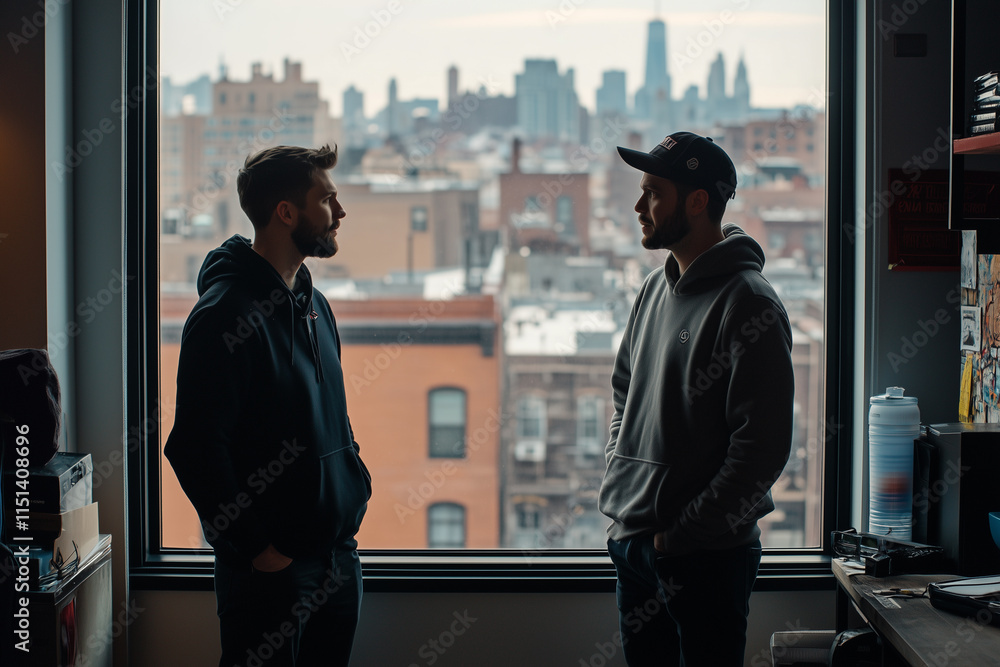 Poster colleagues discuss project details while standing by a window with a city skyline view during an ove