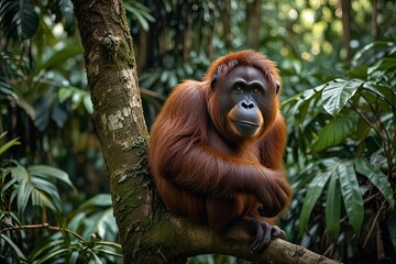 Portrait of a baby orangutan in the rainforest of Borneo, showcasing its orange-brown fur