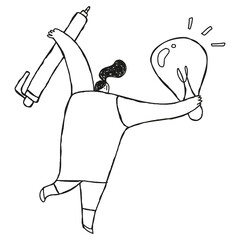 Creative woman png holding pen and light bulb icon