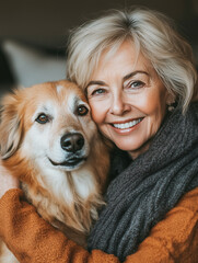 Fototapeta na wymiar Happy senior woman with her dog at home close-up portrait.