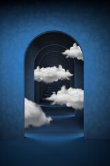 Abstract dark blue surreal 3d render with white clouds. Arch corridor indigo blue background.